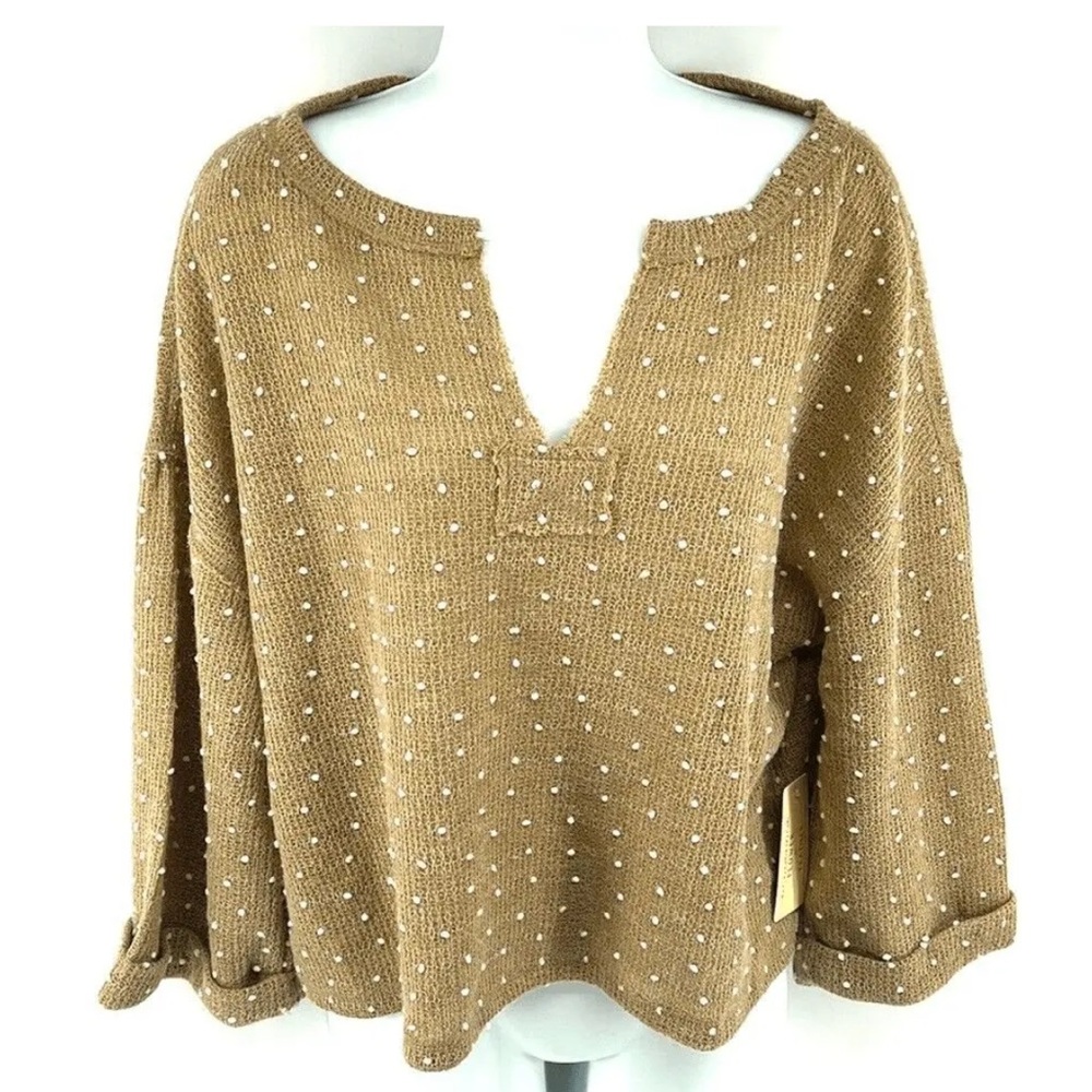 Flower & Feather NEW tan white Swiss dots polka v neck cropped crop top sweater